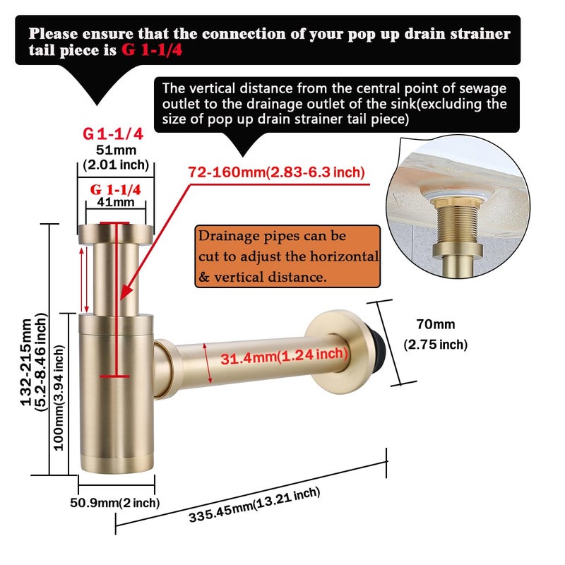 RANDOM Brass Contemporary Round Bottle P Trap 1 1/4,Basin Sink Waste Drain P Trap Kit (Brushed Gold) - Image 2